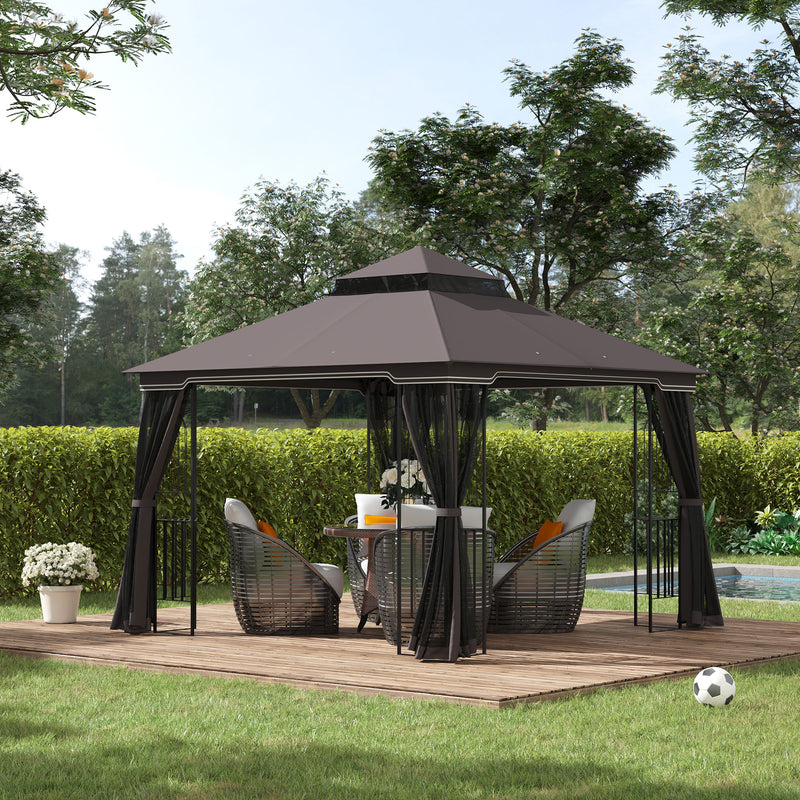 Gazebo da Giardino 3x3m con Zanzariera in Metallo Caffè-2