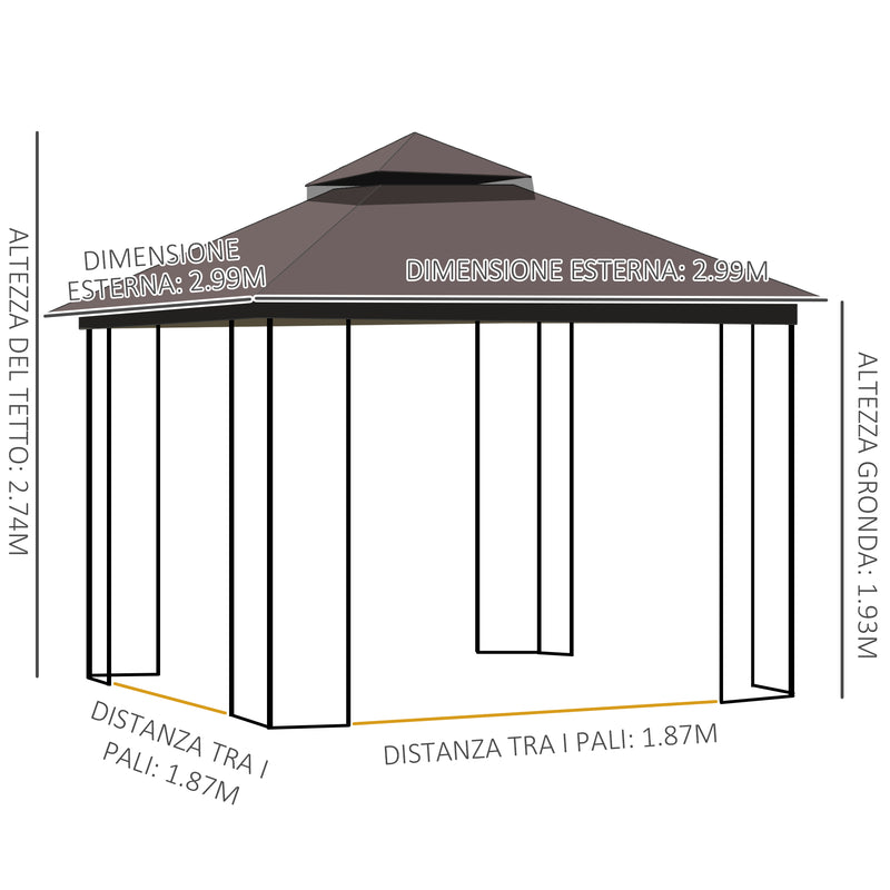 Gazebo da Giardino 3x3m con Zanzariera in Metallo Caffè-3