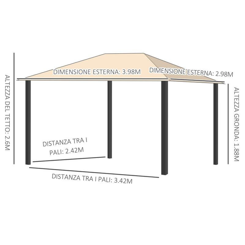 Gazebo da Giardino 3,98x2,98m con Zanzariere in Alluminio e Acciaio Khaki-3