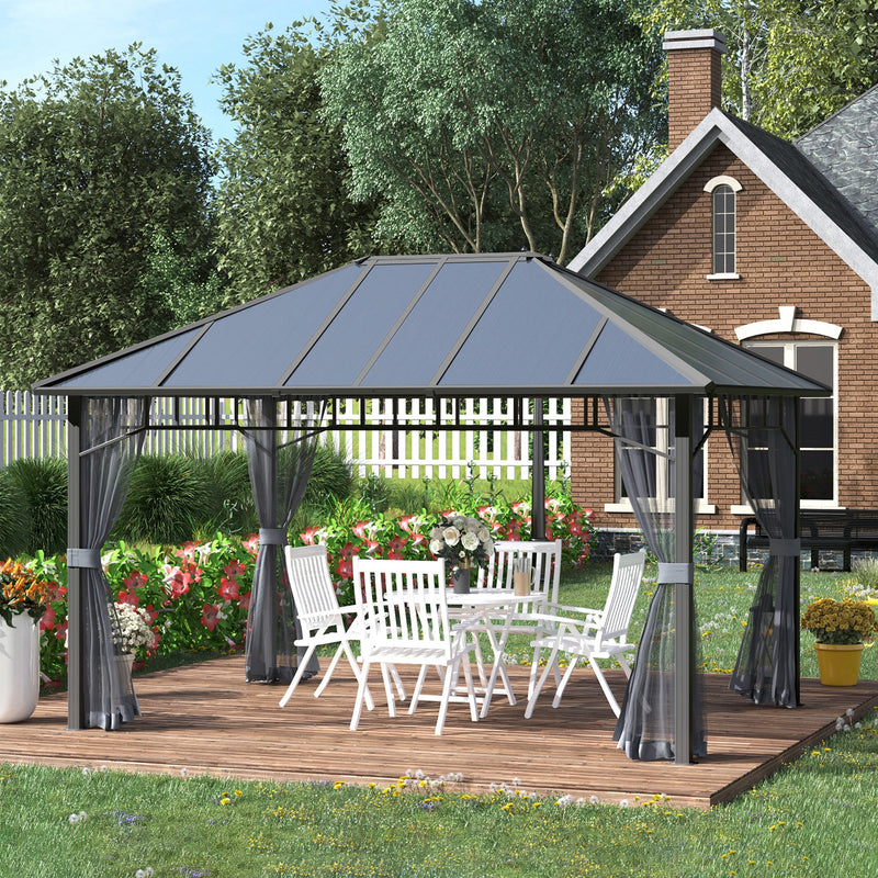 Gazebo da Giardino 4x3m con Zanzariere Tetto in Policarbonato Grigio-2