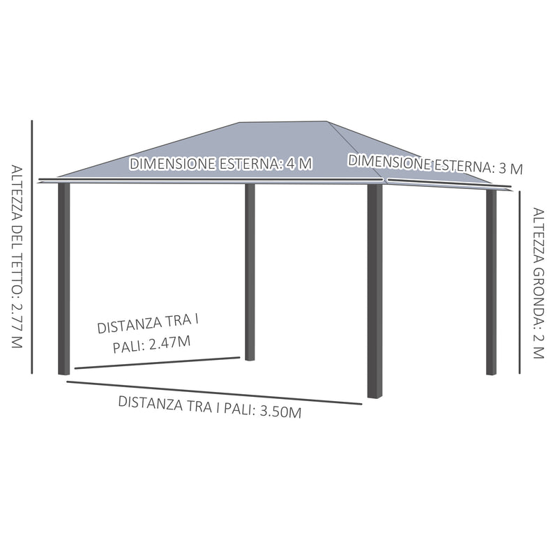 Gazebo da Giardino 4x3m con Zanzariere Tetto in Policarbonato Grigio-3