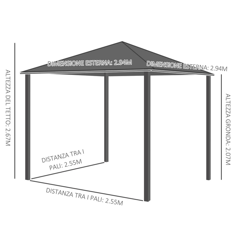 Gazebo da Giardino 2,94x2,94m in Alluminio Caffè-3