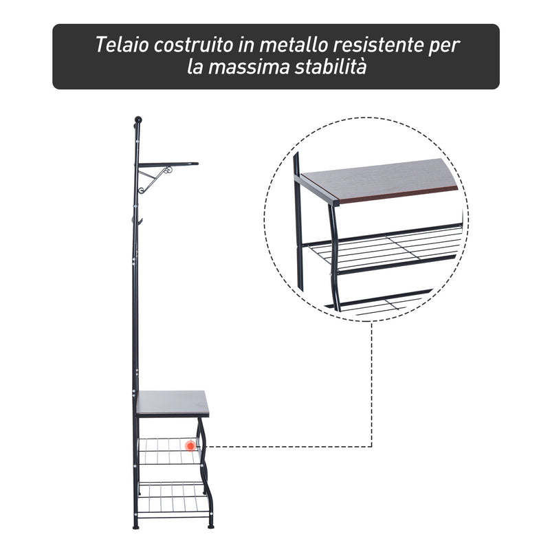 Panchina per Ingresso con Ganci Appendiabiti e Ripiani Scarpiera in Metallo Nero -6