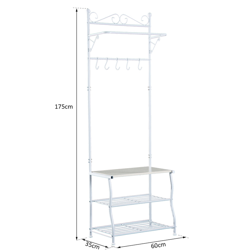 Panchina per Ingresso con Ganci Appendiabiti e Ripiani Scarpiera in Metallo Bianco -3