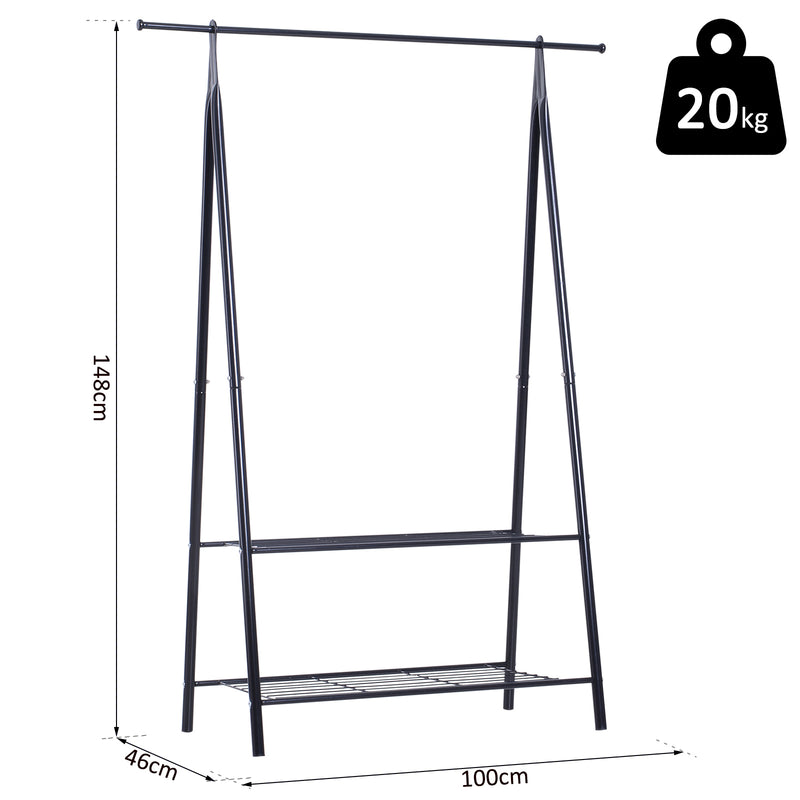 Stander Appendiabiti con 2 Ripiani Scarpiera in Acciaio Robusto Nero 100x46x148 cm -3