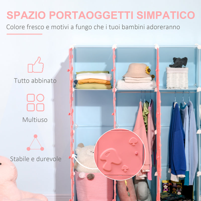 Scarpiera Modulare 145x47x145 cm 16 Cubi in Plastica Rosa e Blu-4