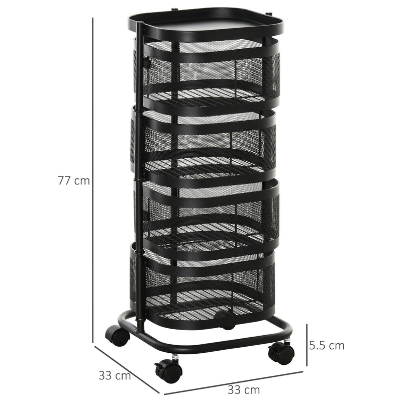 Carrello Portavivande da Cucina 4 Cestelli 1 Ripiano 33x33x77 cm con Ruote in Acciaio Nero-3