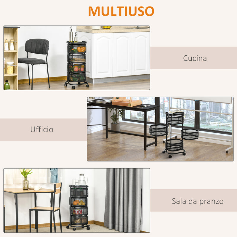 Carrello Portavivande da Cucina 4 Cestelli 1 Ripiano 33x33x77 cm con Ruote in Acciaio Nero-5