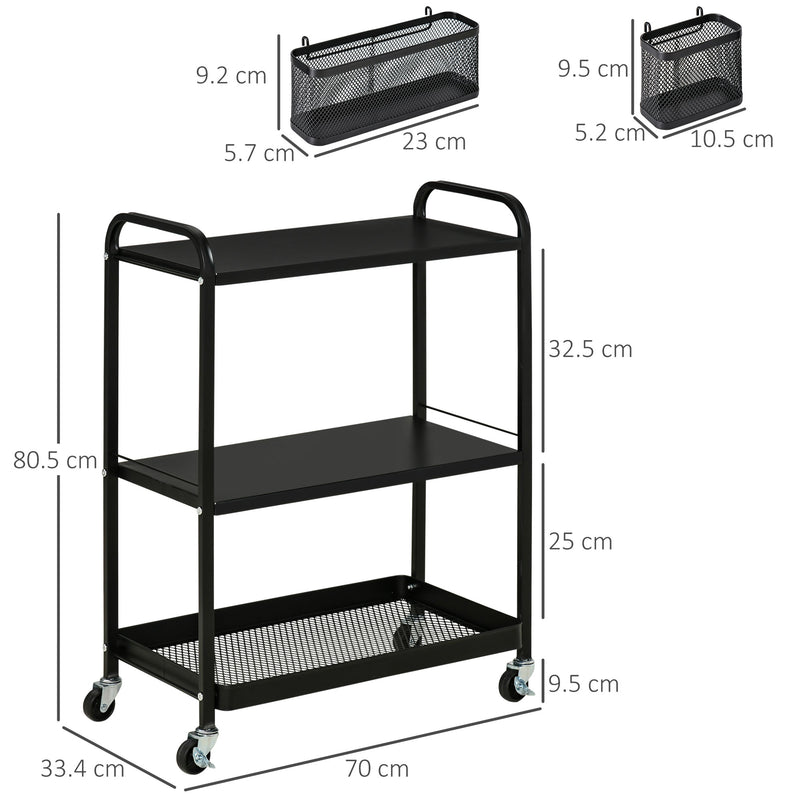 Carrello Portavivande da Cucina 3 Ripiani 70x33,4x80,5 cm con Ruote in Acciaio Nero-3