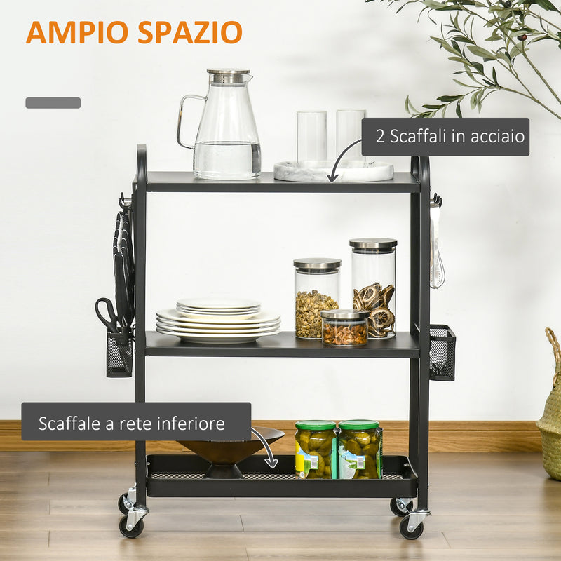 Carrello Portavivande da Cucina 3 Ripiani 70x33,4x80,5 cm con Ruote in Acciaio Nero-4