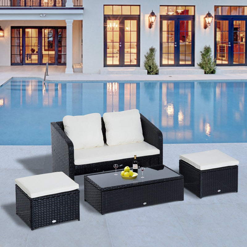 Set Salotto da Giardino in Rattan Sintetico Divano Pouf e Tavolino con Cuscini Nero -2