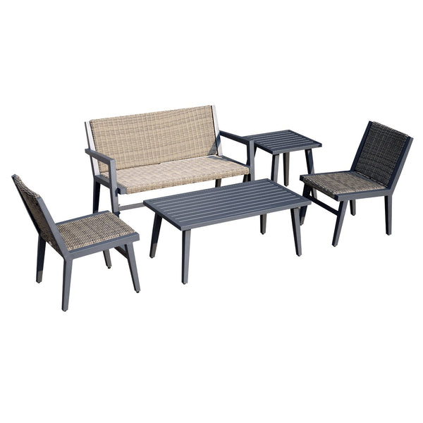 acquista Garten-Lounge-Set mit Sitzbank aus synthetischem Rattan, Sesseln und Tisch in Braun und Beige