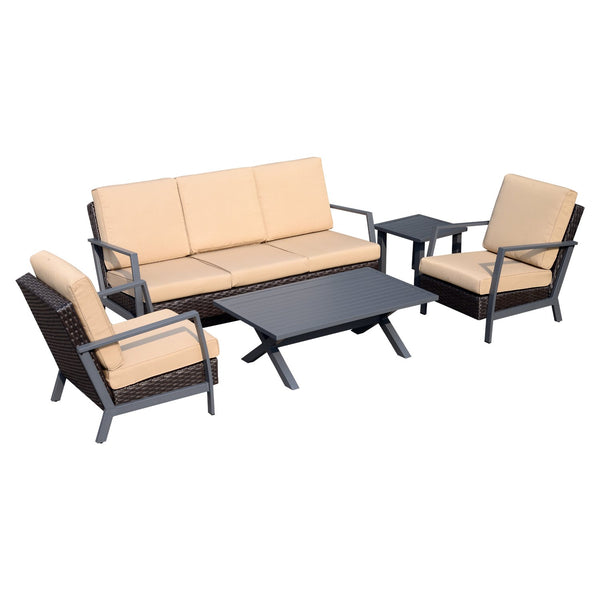 Garten-Lounge-Set aus synthetischem Rattan-Sofa und Sesseln mit braunen und beigen Kissen online