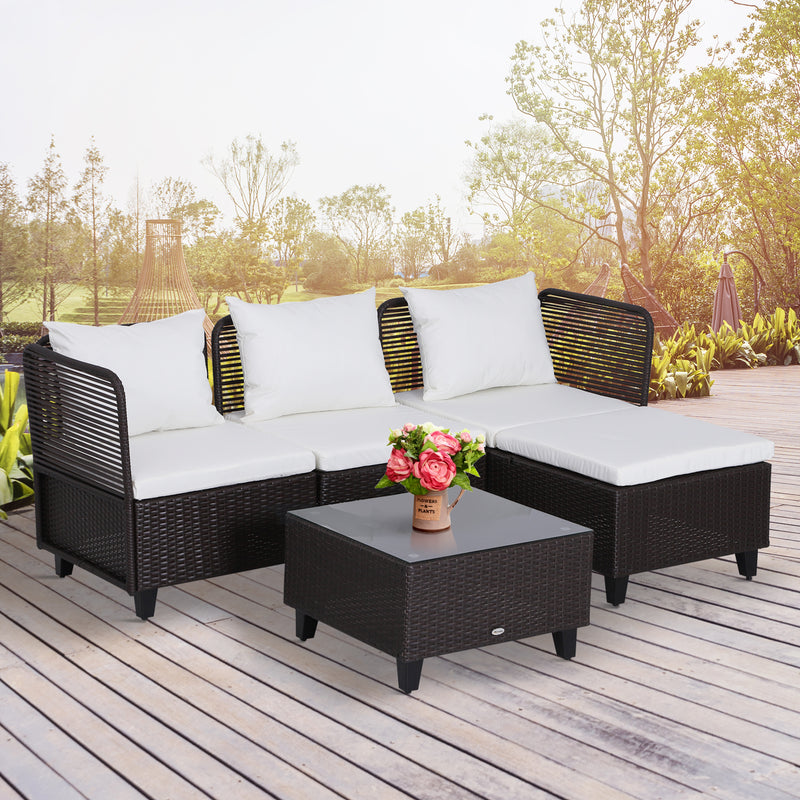 Set Salotto da Giardino in Rattan Sintetico Divano Pouf e Tavolino Marrone -2