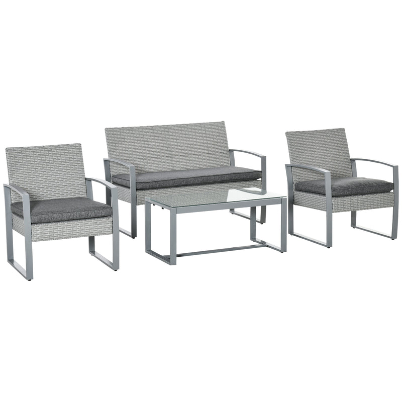 Set Salotto da Giardino Divano 2 Poltrone e Tavolino in Metallo e Rattan Grigio-1