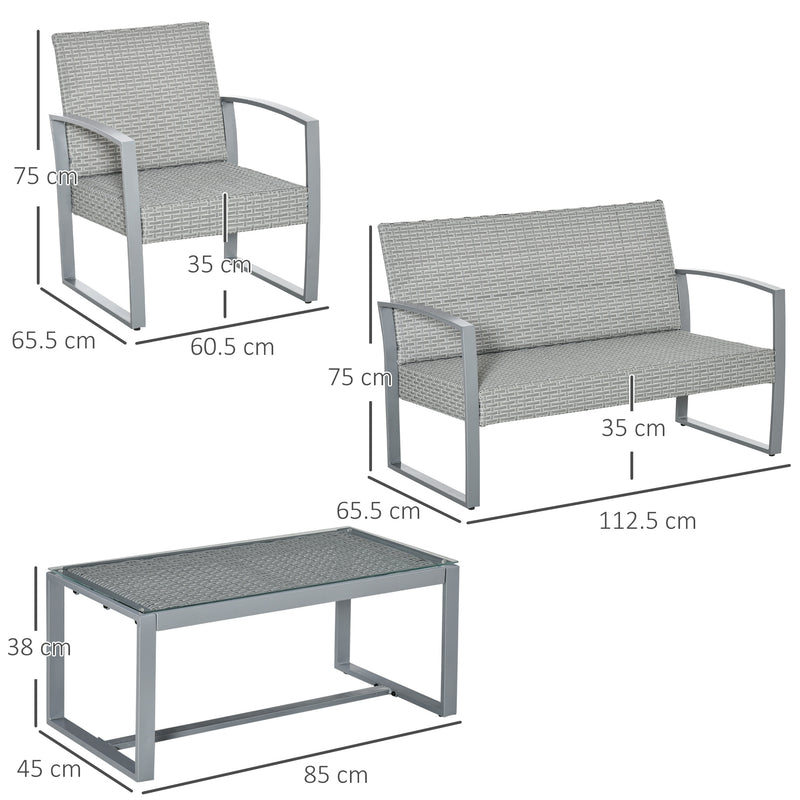 Set Salotto da Giardino Divano 2 Poltrone e Tavolino in Metallo e Rattan Grigio-3