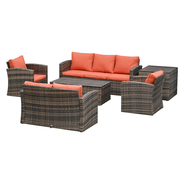 Garden Lounge Set 2 Sofas 2 Sessel Couchtisch und Behälter aus braunem und orangefarbenem Rattan acquista