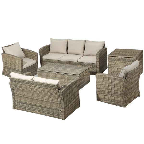 sconto Garden Lounge Set 2 Sofas 2 Sessel Couchtisch und Behältertisch aus beigem Rattan