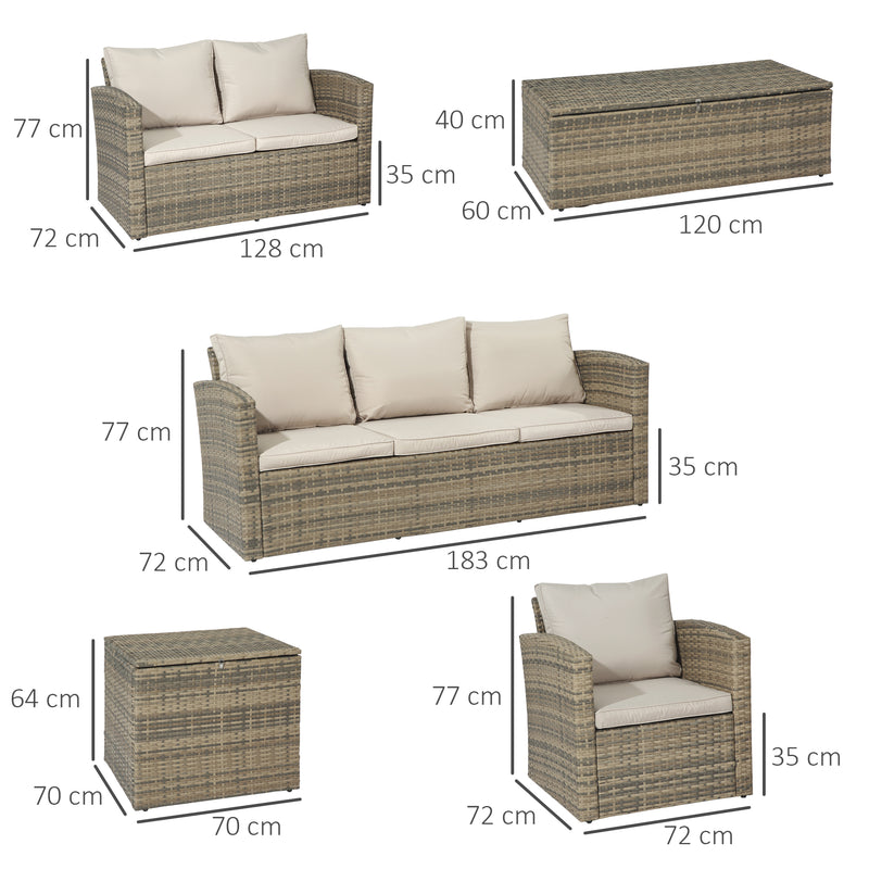 Set Salotto da Giardino 2 Divani 2 Poltrone Tavolino e Tavolo Contenitore in Rattan Beige-3