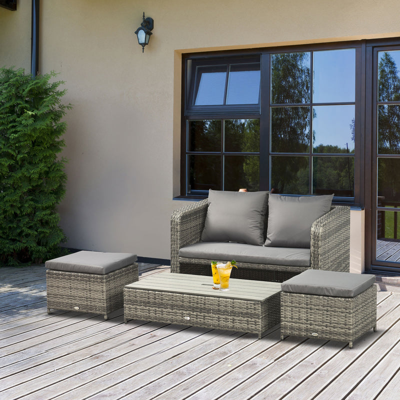 Set Salotto da Giardino Divano 2 Pouf e Tavolino in Rattan Grigio-2