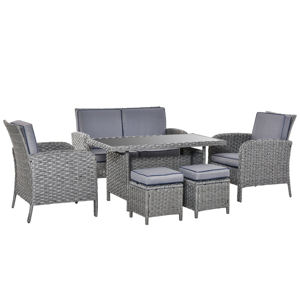 sconto Gartengarnitur Sofa 2 Sessel 2 Hocker und Tisch aus grauem Rattan