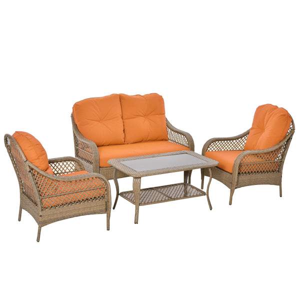 online Gartengarnitur Sofa, 2 Sessel und Couchtisch aus Rattan mit orangefarbenen Kissen