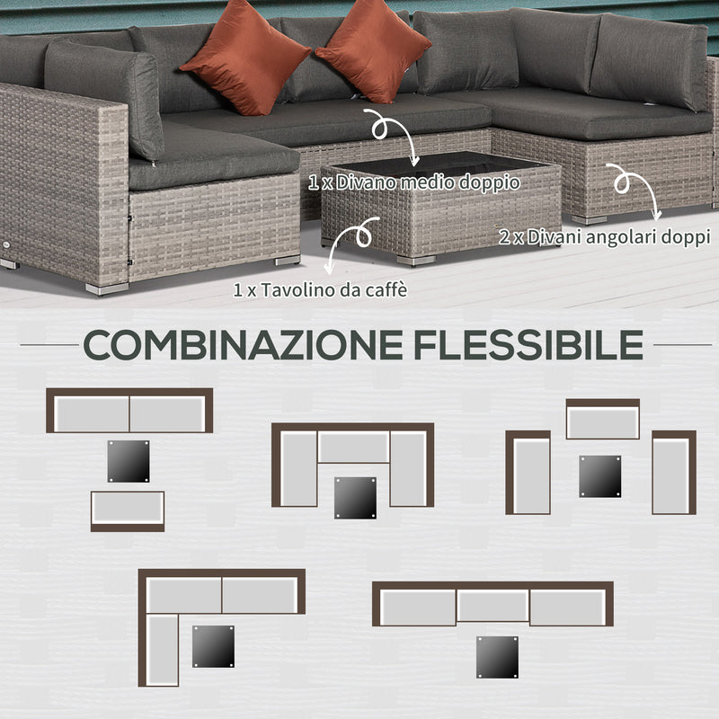 Set Salotto da Giardino Divano 2 Poltrone e Tavolino in Rattan Polietilene Grigio-4