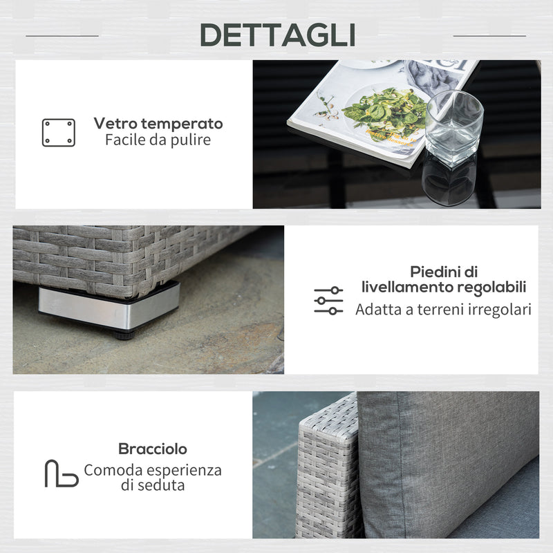 Set Salotto da Giardino Divano 2 Poltrone e Tavolino in Rattan Polietilene Grigio-7