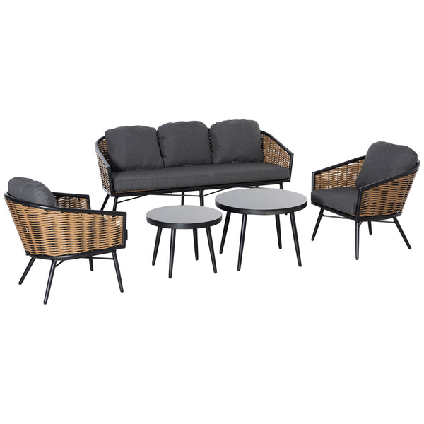 Gartengarnitur Sofa 2 Sessel und 2 Couchtische Schwarz und Rattan prezzo