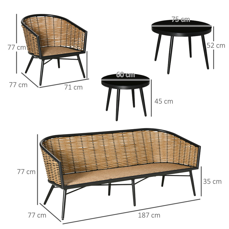 Set da Giardino Divano 2 Poltrone e 2 Tavolini Nero e Rattan-3