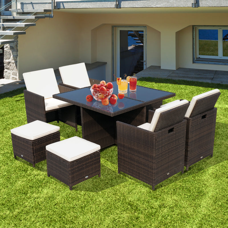 Set Tavolo e 4 Sedie da giardino in Alluminio e Rattan Sintetico 4 Poggiapiedi e Cuscini Marrone -6