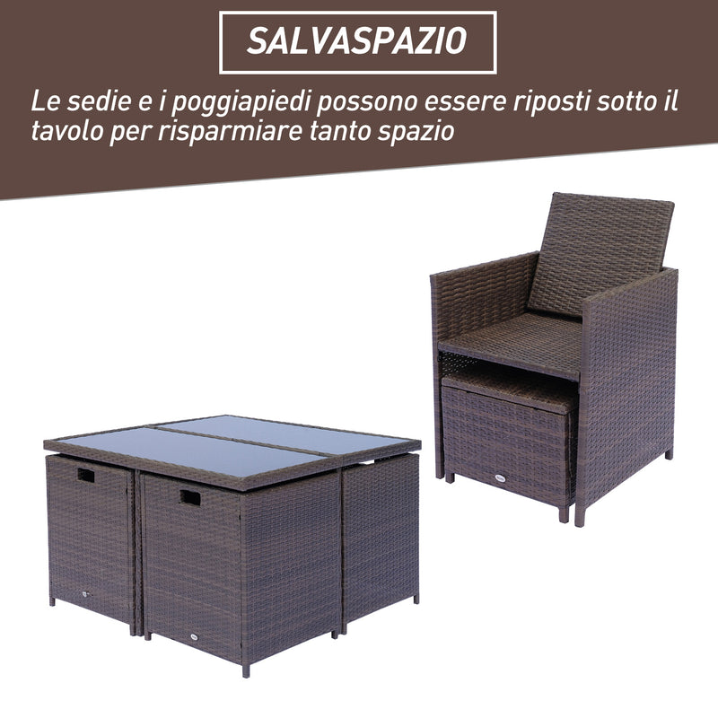 Set Tavolo e 4 Sedie da giardino in Alluminio e Rattan Sintetico 4 Poggiapiedi e Cuscini Marrone -8