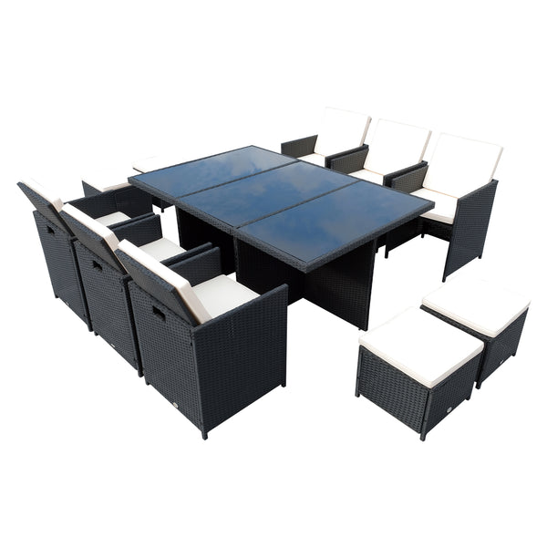 Set aus Tisch und 6 Gartenstühlen aus Aluminium und synthetischem Rattan, 4 Fußstützen und schwarzen Kissen prezzo