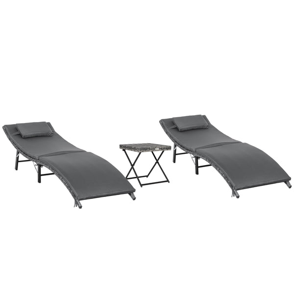 Set mit 2 klappbaren Sonnenliegen und Couchtisch aus grauem Rattan sconto