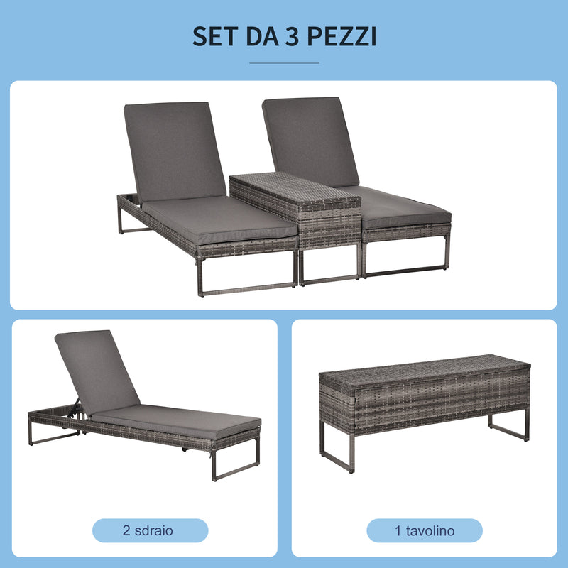 Set 2 Lettini Prendisole con Tavolino in Rattan  Grigio-4