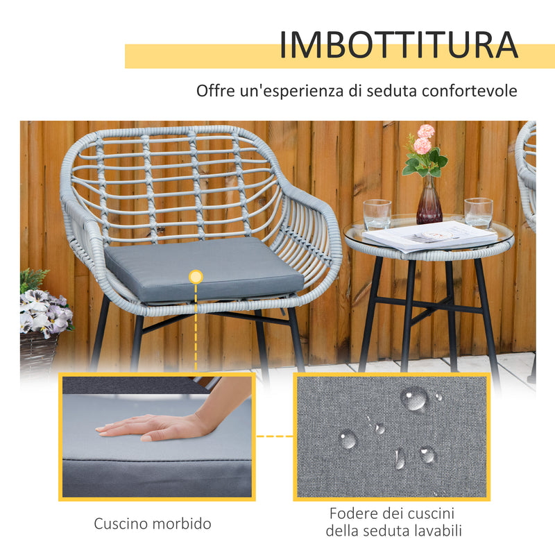 Set Tavolino e 2 Sedie da Giardino in Rattan Polietilene Grigio-7