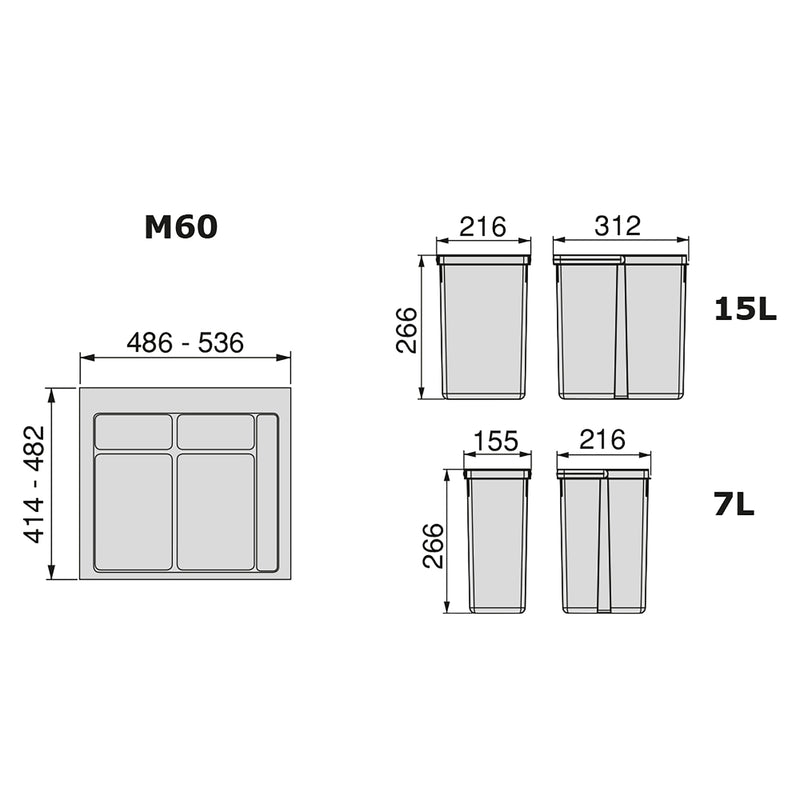 Pattumiera Differenziata 3 Contenitori per Cassettone 60x26,6 cm con Base Emuca Grigio Antracite-3