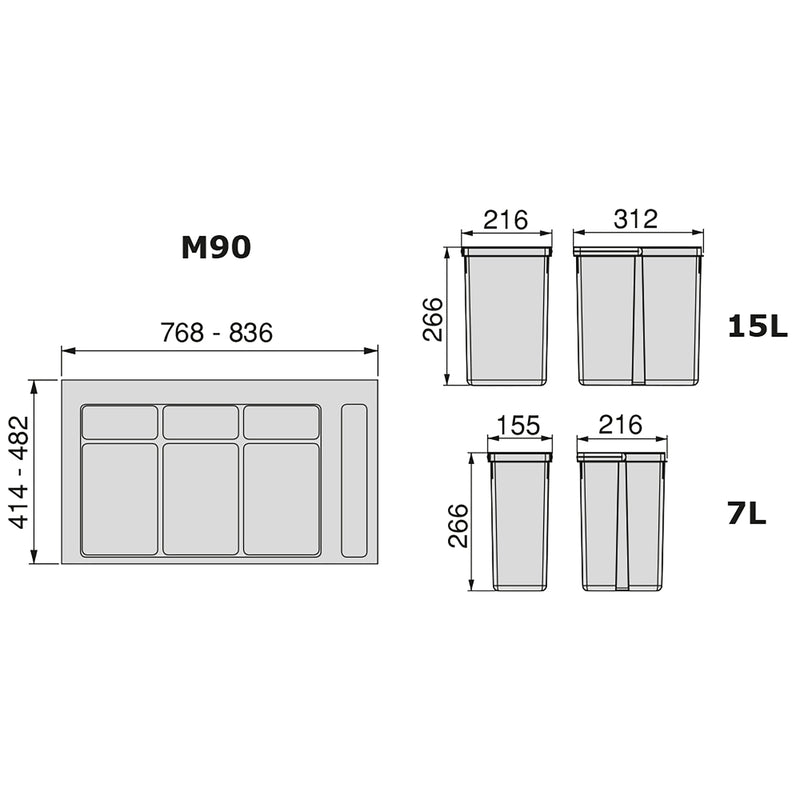 Pattumiera Differenziata 4 Contenitori per Cassettone 90x26,6 cm con Base Emuca Grigio Antracite-3