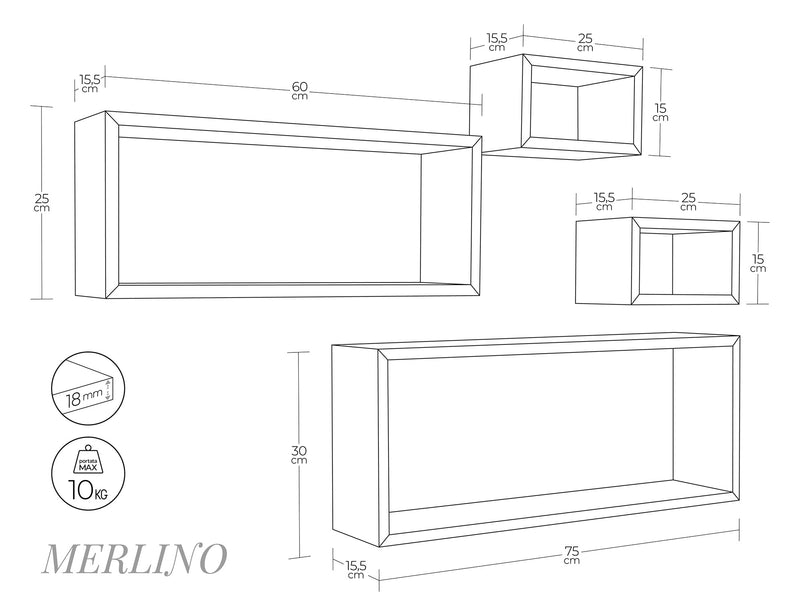 Set 3 Mensole Cubo da Parete Quadrato e Rettangolare in Fibra di Legno Merlino Noce Segato-4