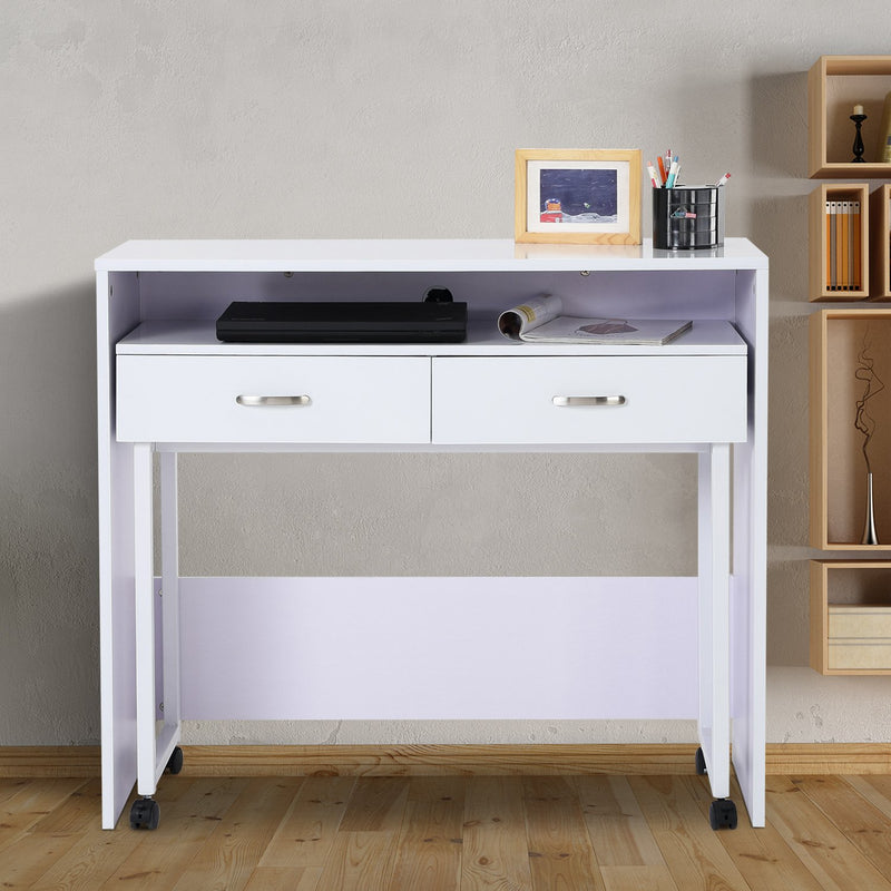 Scrivania Tavolo Porta PC con due Ripiani con Ruote in Legno MDF Bianco 100x36x88 cm -2