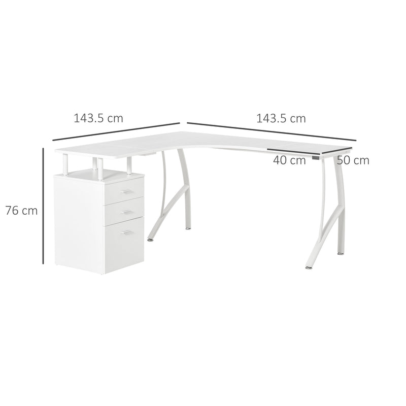 Scrivania Angolare da Ufficio 143,5x143,5x76 cm con Cassettiera in Legno e Metallo Bianca-3