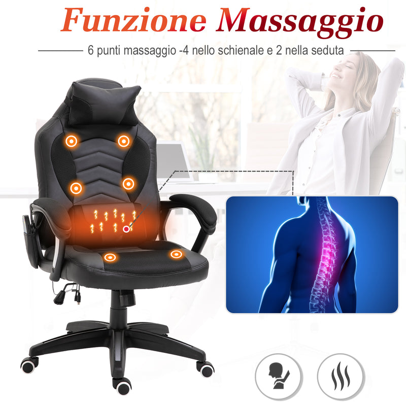 Sedia da Gaming Ergonomica Massaggiante Riscaldante in Similpelle  Nera-4