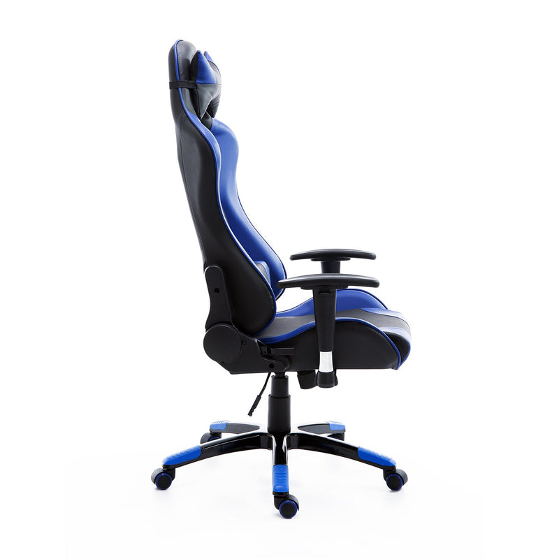 Sedia da Gaming in Similpelle con Sostegno Lombare e Collo Nera e Blu -1