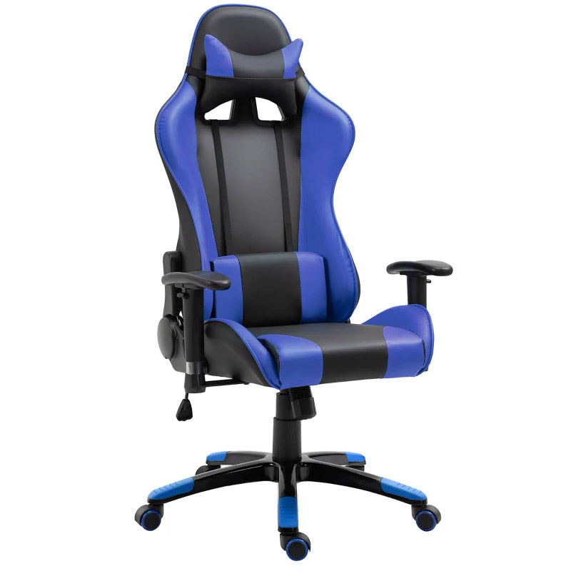 Sedia da Gaming in Similpelle con Sostegno Lombare e Collo Nera e Blu -9