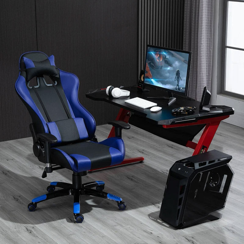 Sedia da Gaming in Similpelle con Sostegno Lombare e Collo Nera e Blu -8