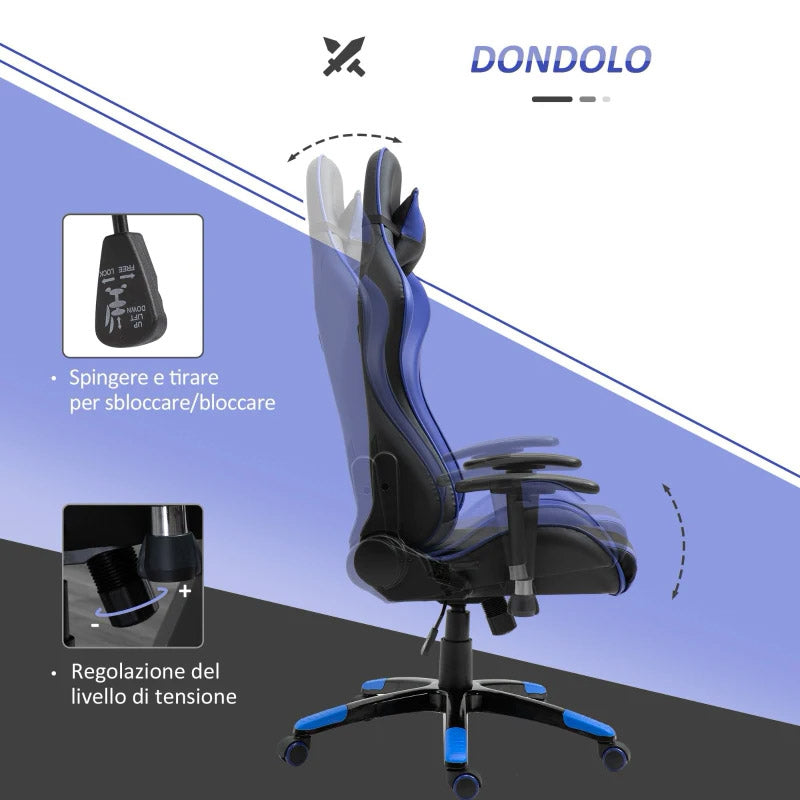 Sedia da Gaming in Similpelle con Sostegno Lombare e Collo Nera e Blu -6