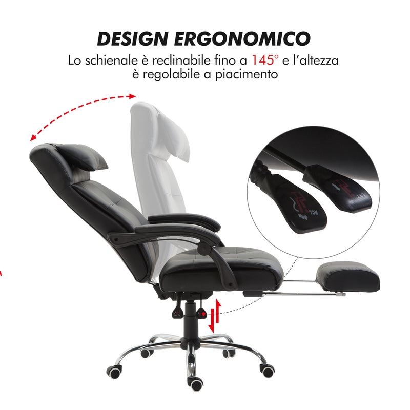 Sedia Poltrona da Ufficio Ergonomica Presidenziale in Similpelle Reclinabile Nera -7