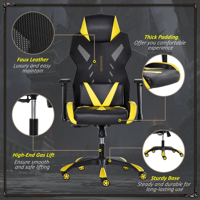 Sedia da Gaming Ergonomica in Similpelle e Rete Nero e Giallo-8