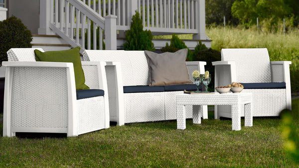 sconto Garten-Lounge-Set aus Kunstharz, Sofa, 2 Sessel und Bauer Vegas White Couchtisch