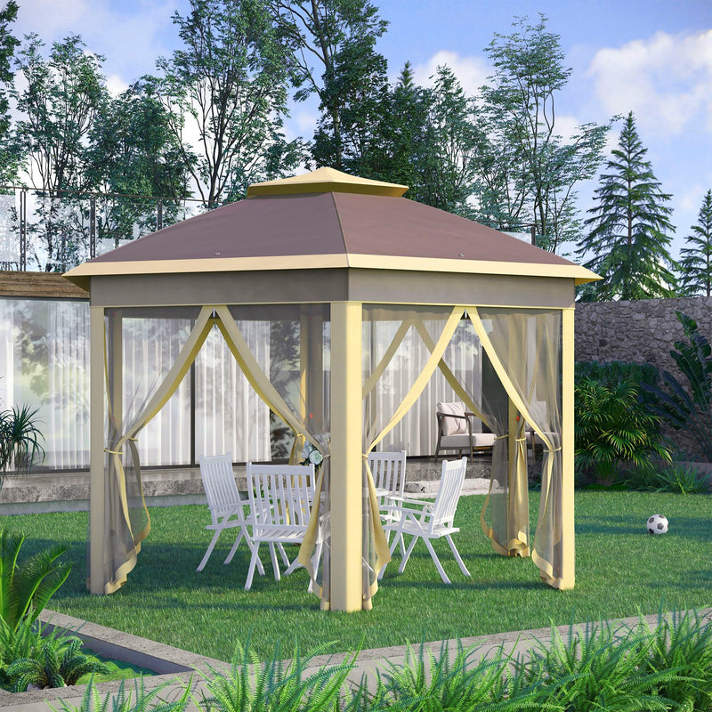 Gazebo Pieghevole da Giardino 4,05x3,4x2,85m con Zanzariera in Metallo e Tessuto Oxford Beige-2